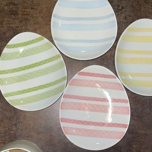 POTTERY BARN Porcelain Ceramic SET 4 Egg Shape Snack Plate Pastel Colors Easter